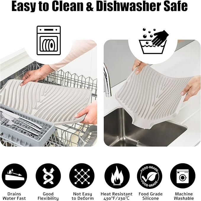 Silicone Dish Drying Mat, Stone Drying Mat for Kitchen Counter with Built-In Drain, Non-Slip Drain Pad with Built-in Drain, Heat Resistant Stone Drying Mat, 1Pcs 19.7" x 17", Cream