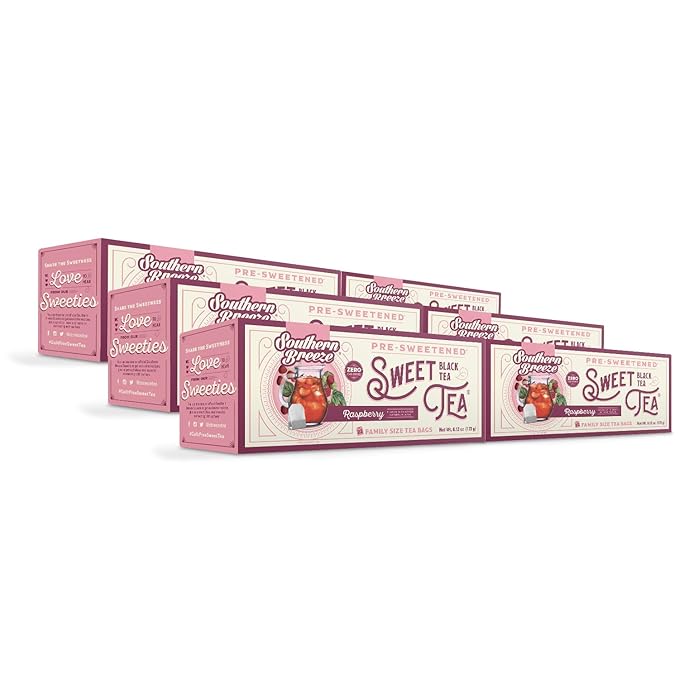 Southern Breeze Hot Brew Sweet Tea Raspberry Iced Tea with Black Tea and Zero Carbs Zero Sugar, 22 Family Size Tea Bags, Pack of 6