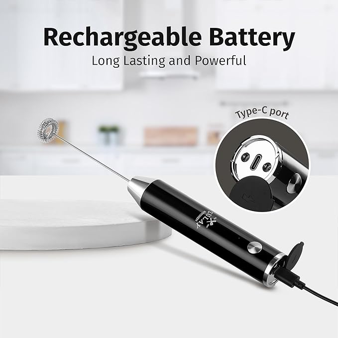 Zulay Kitchen Lux Electric Milk Frother Rechargeable Handheld - Powerful 2-Speed Motor, Waterproof, 2000mAh Battery - Drink Mixer for Latte, Cappuccino, Matcha & Protein Powder - Obsidian Black
