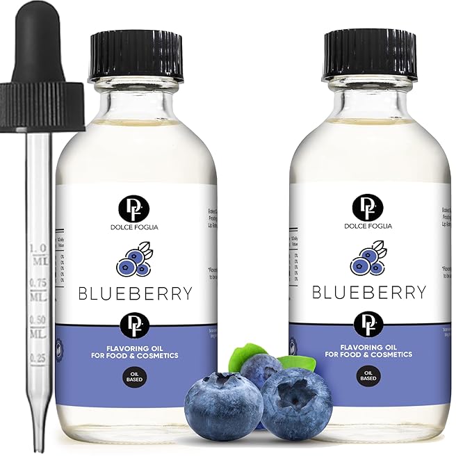 Dolce Flav Blueberry Extract – 2 Ounce Oil-Soluble Kosher, Sugar-Free, Concentrated Ripe Blueberry Flavoring for Baking, Chocolates & Desserts, Includes Measured Dropper, Pack of 2
