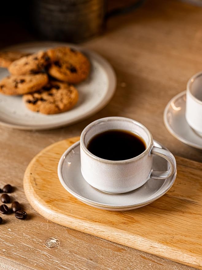 Gomakren 2.5 Ounce Espresso Cups Set of 4, Small Stackable Coffee Cups with Saucers and Metal Stand, Christmas Porcelain Demitasse Cups for Specialty Coffee Drinks, Espresso, Cappuccino, Latte, White