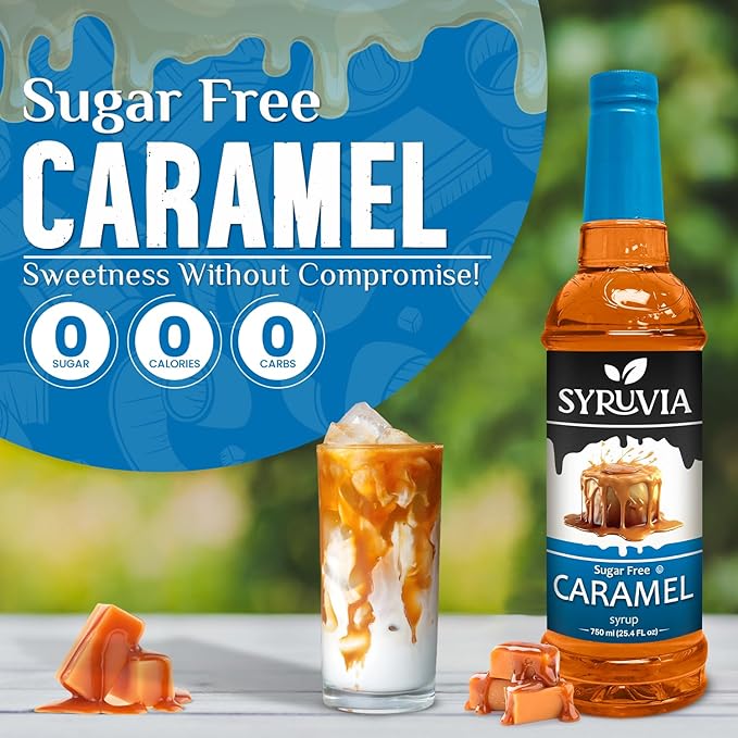 Syruvia Sugar-Free Caramel - 25.4 fl oz. Premium Coffee Flavoring Syrup. 0 Calories, Kosher, and Gluten-Free. Perfect for Drinks, Sodas, Shakes, Desserts, and More With Pump (Pack of 3)