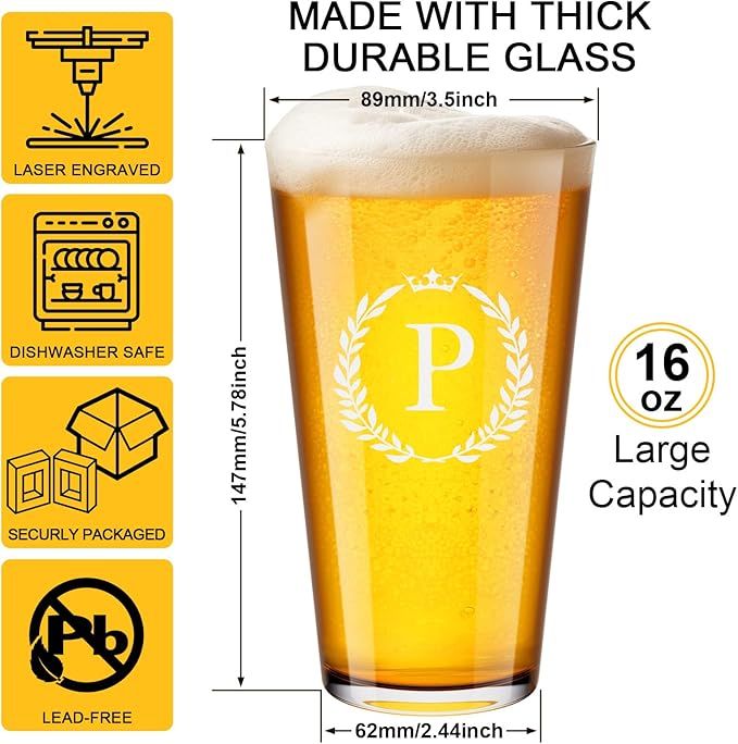 Personalized Beer Glasses Gifts for Men, 16 oz Pint Glasses Monogrammed A-Z Drinking Glass Cups Customized Gift, Unique Christmas Anniversary Birthday Gifts for Men Him Dad Brother Husband Grandpa (P)