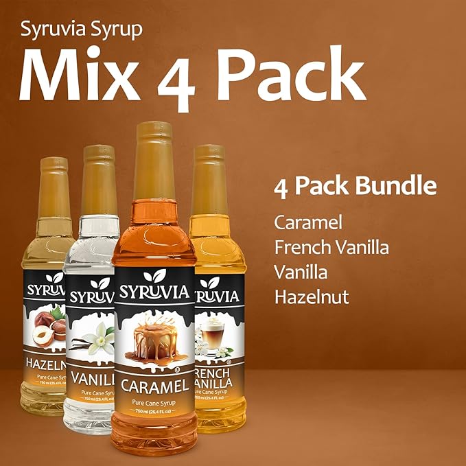Syruvia Syrup Coffee Flavors Variety Pack: Caramel, French Vanilla, Vanilla & Hazelnut - 25.4 fl oz bottles - Elevate Your Coffee Experience! (Pack of 4)