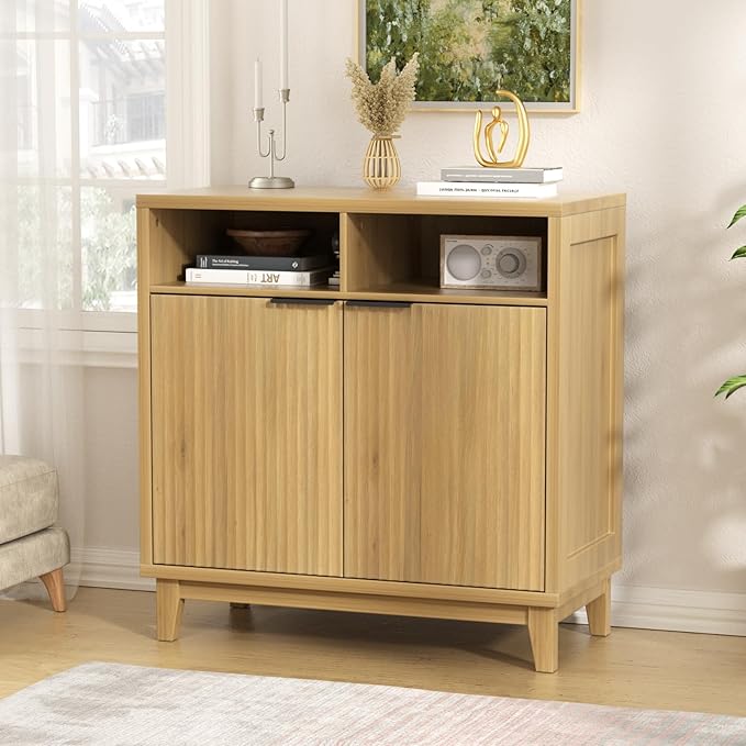 Fluted Cabinet with Doors, Modern Accent Storage Cabinet with Solid Wood Legs & Open Shelf, Space Saver for Bathroom, Living Room, Kitchen, Nautral