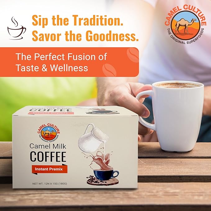 Camel Milk Instant Powdered Coffee Premix - 12 Single Serve Coffee Sachets – Nutrient-Rich Blend & Immune-Boosting Instant Coffee Powder – On-the-Go Convenience & Premium Healthy Beverage