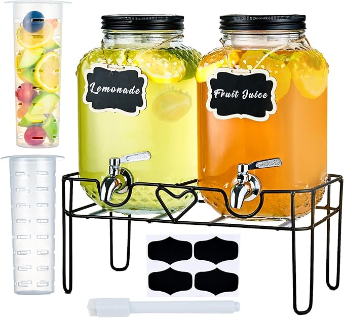 1 Gallon Glass Drink Dispensers for Parties, Beverage Dispenser with Stand and Fruit Infuser, Glass Lemonade Dispenser with Stainless Steel Spigot for Kombucha, Sun Tea, Juices, BBQ, Weddings