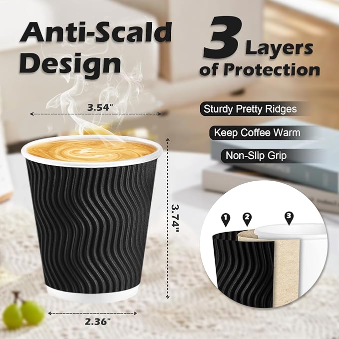Lamosi Disposable Coffee Cups 10 OZ 100 Pack, Paper Coffee Cups 10 OZ for Hot Drinks or Cold Beverages, Insulated Corrugated Ripple Wall Cup No Lids for Office, Cafe, Home or Travel (Black)