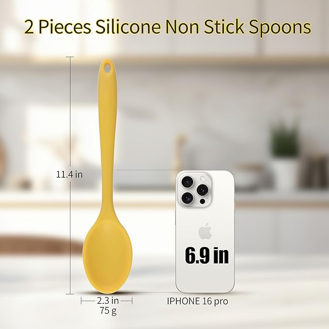 2 Pcs Silicone Spoons,10.8 Inch Mixing Spoons for cooking,Heat Resistant for Kitchen Cooking Baking Stirring Mixing Tools (YelLow&Green)