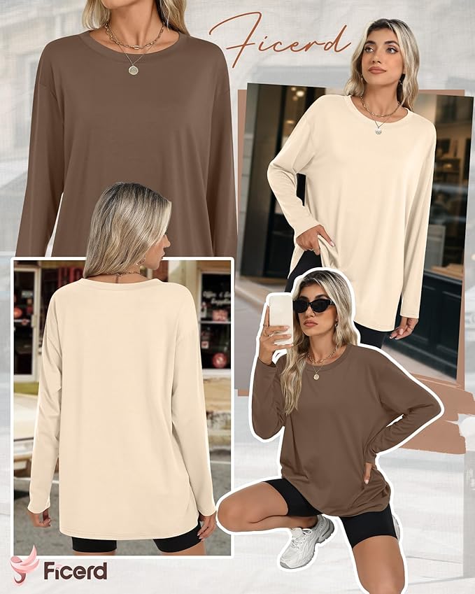 Ficerd 3 Pack Women's Oversized Long Sleeve Shirts Cotton Gym Round Neck Tops Loose Fit Casual Workout Baggy Fall Basic Tee