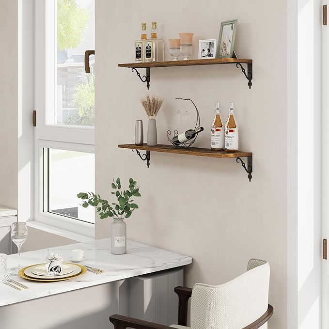 RICHFOCUS Floating Shelves for Wall Decor, 31.5W x 8D Shelves Set of 2, 8" Deep Rustic Wood Floating Shelves Wall Mounted with Brackets, Shelves for Living Room Bedroom Kitchen, Rustic Brown
