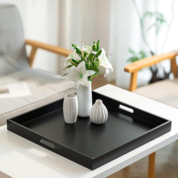 Hanobe Ottoman Tray for Living Room: Modern Extra Large Black Serving Decorative Trays with Cutout Handles for Coffee Table Home Decor, 20"
