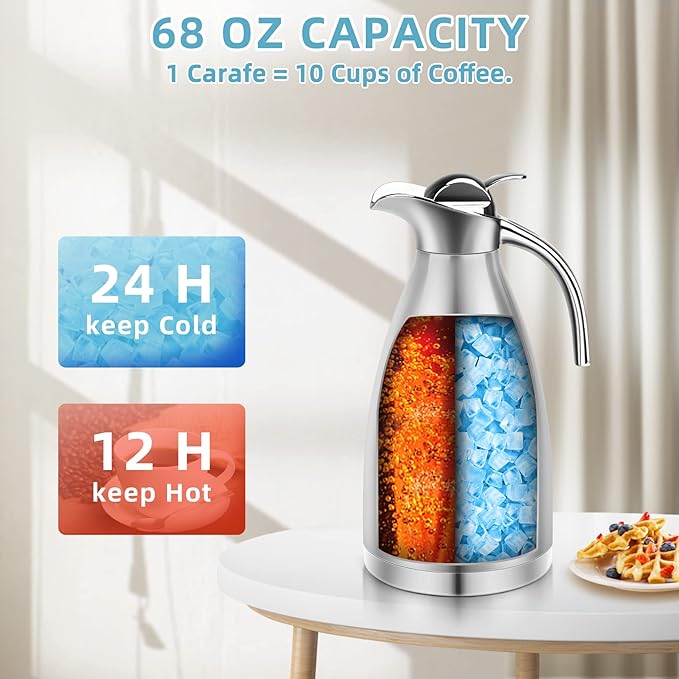70oz Thermal Coffee Carafe Insulated Coffee Thermos Urn, Stainless Steel Coffee Carafes For Keeping Hot, Double Walled Insulated Vacuum Flask Pot, Tea Water Coffee Hot Beverage Airpot Dispenser