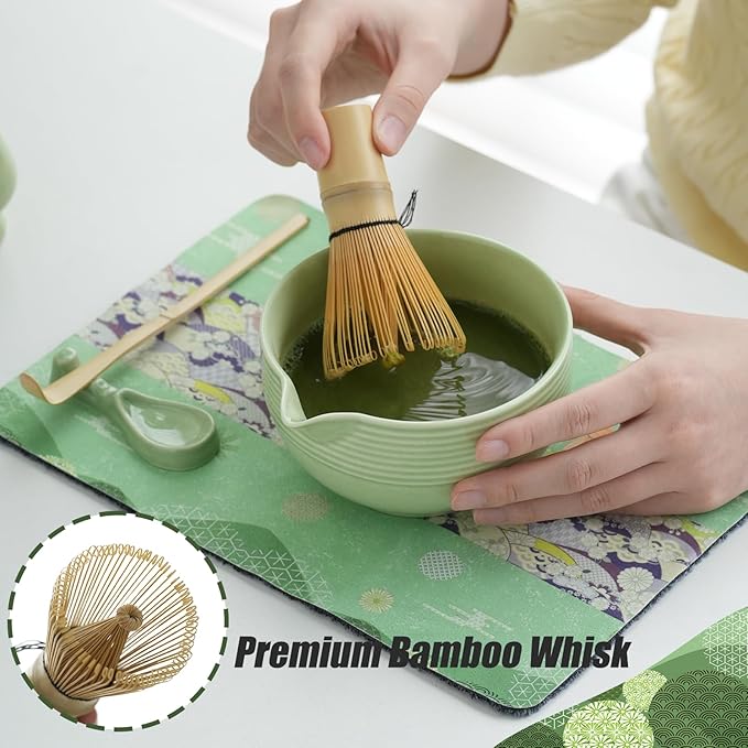 Clay&Fire Matcha Whisk Set, Ceramic Matcha Set, Matcha Bowl with Spout and Whisk, 9 pcs Matcha Tea Kit for Matcha Lovers, Ideal Gift Christmas, Birthday (Green)