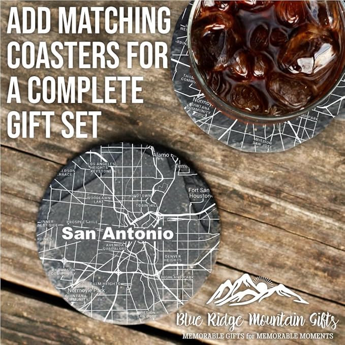 Blue Ridge Mountain Gifts - San Antonio Souvenir - Texas Glassware Gift, Etched City Map, Laser Engraved and Dishwasher Safe