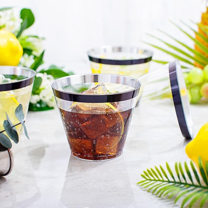 WELLIFE 120 PCS Black Plastic Cups,Disposable Cocktail Glasses,Plastic Wine Glasses Disposable,9 oz Clear Cups for Party and New Year