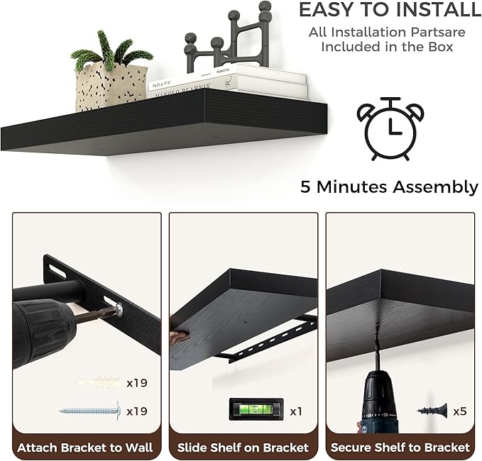 Floating Shelves for Wall, Engineered Wood Wall Shelves with Invisible Brackets for Living Room Bedroom Bathroom Office Kitchen Decor and Storage (Black, 36" W x 9" D x 1.5" H) Set of 2