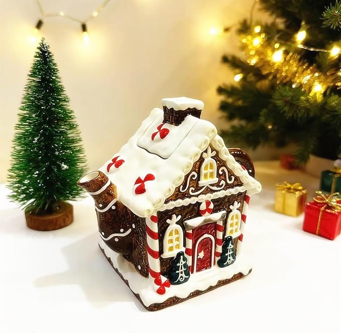 Ceramic Christmas Coffee Pot, 3D Hand-Painted Gingerbread House Teapot, Holiday Gifts and Desktop Decoration