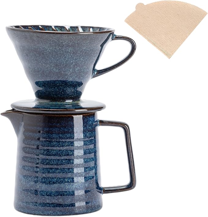 Pour Over Coffee Maker Set,Ceramic Coffee Maker With 40 pcs Paper Filter，15oz/450ml Pour Over Coffee Dripper (Starry Blue)