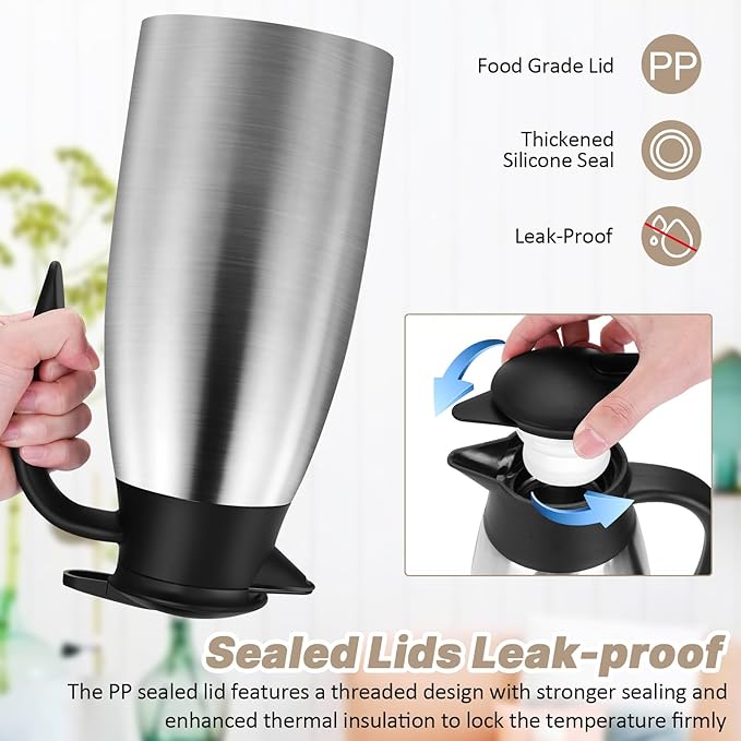 68OZ Thermal Coffee Carafes for Keeping Hot, 2 Liter Stainless Steel Thermal Carafe, Double Wall Vacuum Insulated Pitcher Tea Pot for Coffee Tea Keep Hot 12 Hours, Silver & Black