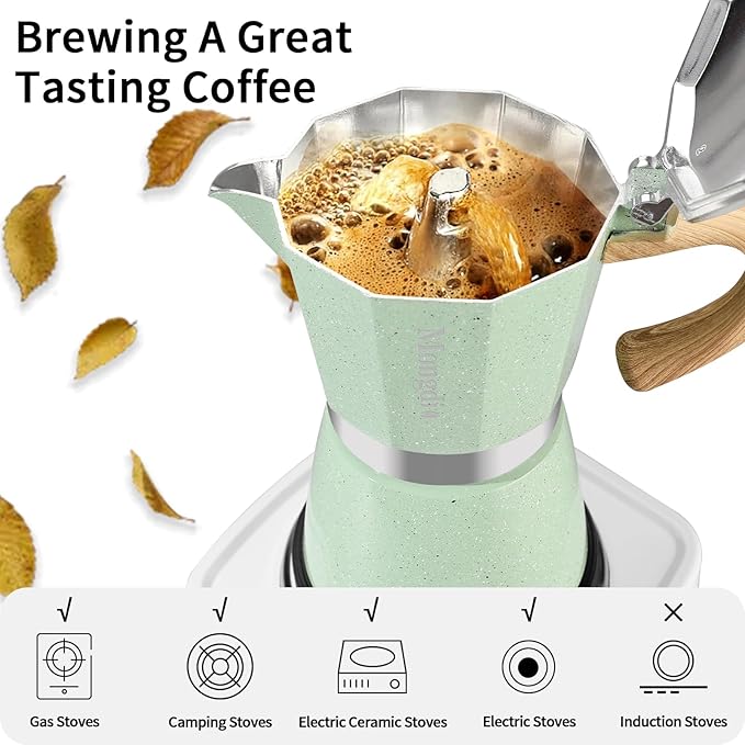 Mongdio Stovetop Espresso Maker Moka Pot, Cuban Coffee Maker Stove top coffee maker Moka Italian Espresso Greca Coffee Maker Brewer Percolator, 6 Espresso Cups, 10 oz - Green