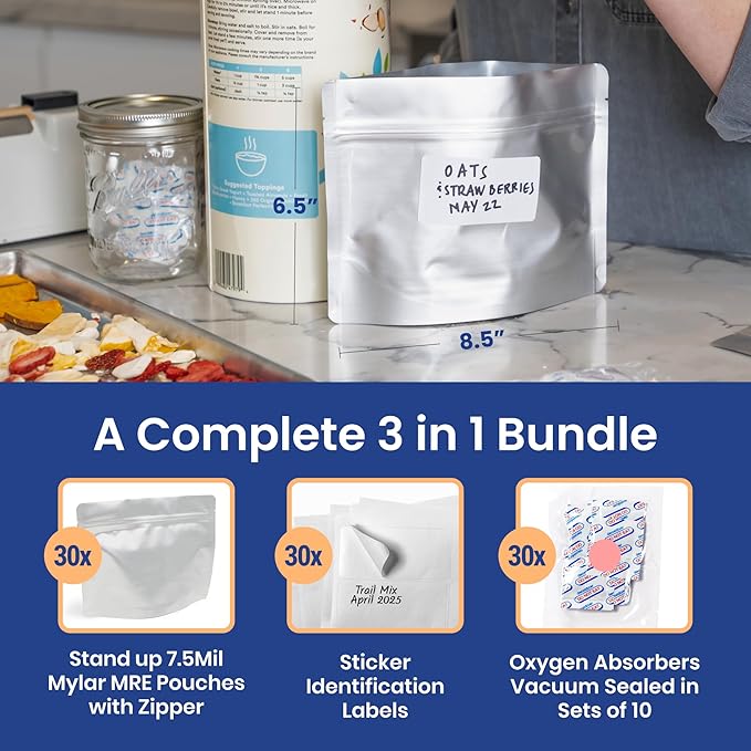 Wallaby 30 Count MRE Mylar Bags with 400cc Oxygen Absorbers, 15 Mil Total Thickness Long-Term Food Storage Pouches, 6.5x8.5 Stand-Up Zipper Heat-Sealable Airtight Packaging - Silver