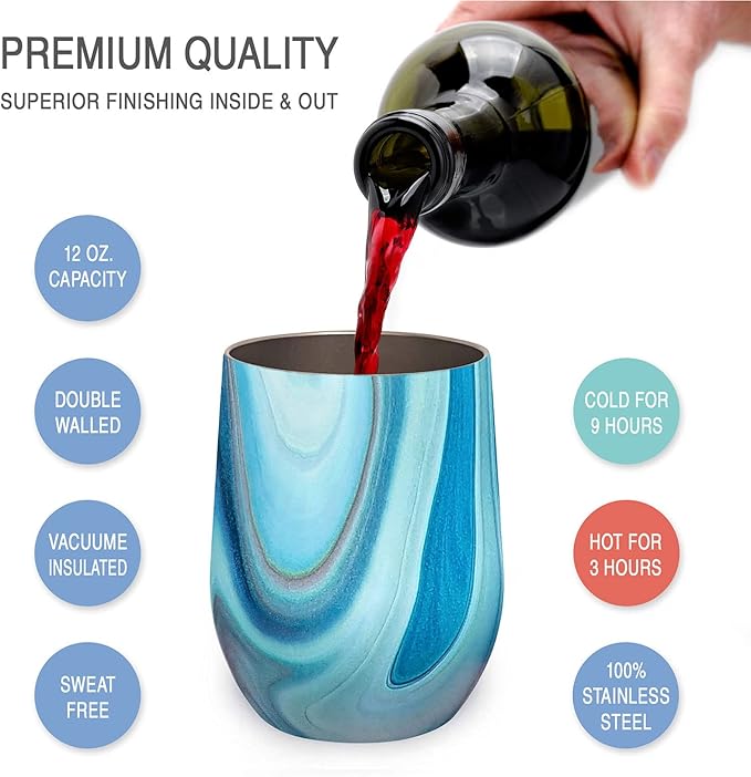 CHILLOUT LIFE 12 oz Stainless Steel Wine Tumbler with Lid - Double Wall Vacuum Insulated Wine Cup Glass Keeping Cold & Hot for Coffee, Champagne, Cocktails, Ice Cream