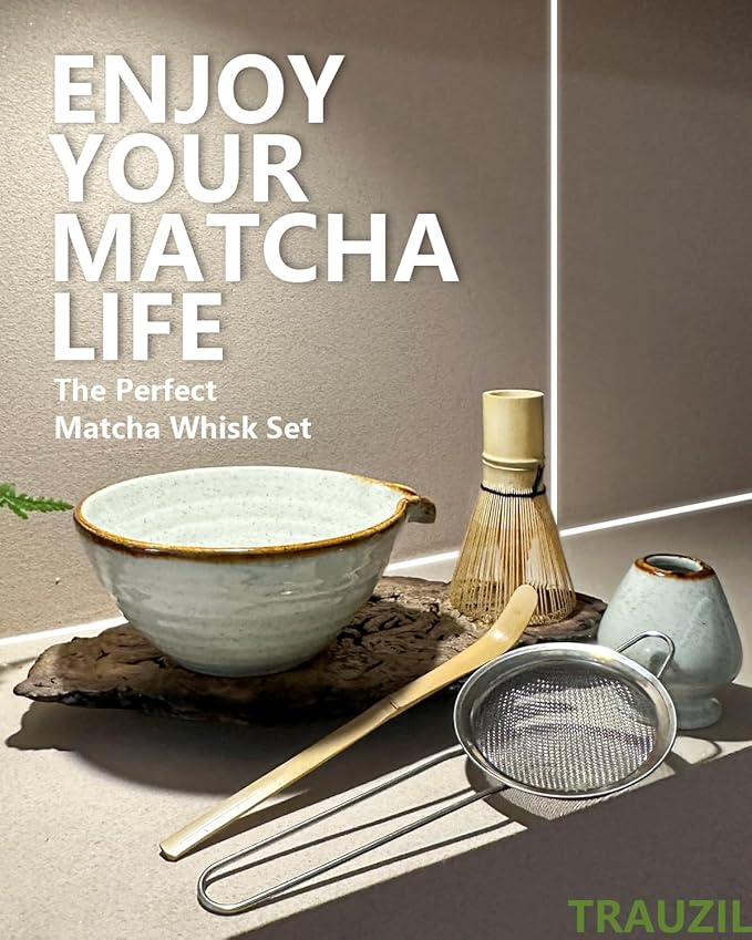 Matcha Whisk Set with Matcha Bowl, Matcha Bamboo Whisk, Scoop, Sifter, Matcha Whisk Holder Unique Gifts for Women Mom Her Girl Friend Home Kitchen Decor Gifts for Christmas, Birthday