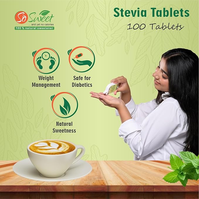 So Sweet Stevia 100 Tablet - Natural Sweetener, Zero Calories, Keto-Friendly, Organic Sugar Substitute, No Artificial Flavors, Convenient Travel Size