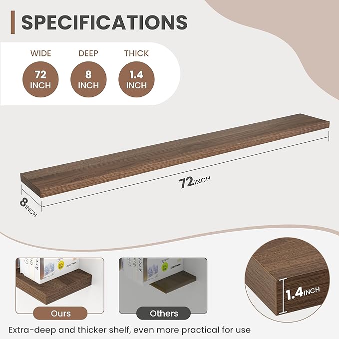 72 Inch Floating Shelves, 8 Inch Deep Floating Shelves for Wall, Hanging Shelf with Invisible Brackets, Deep Shelves for Bathroom, Bedroom, Living Room, Walnut, Set of 1