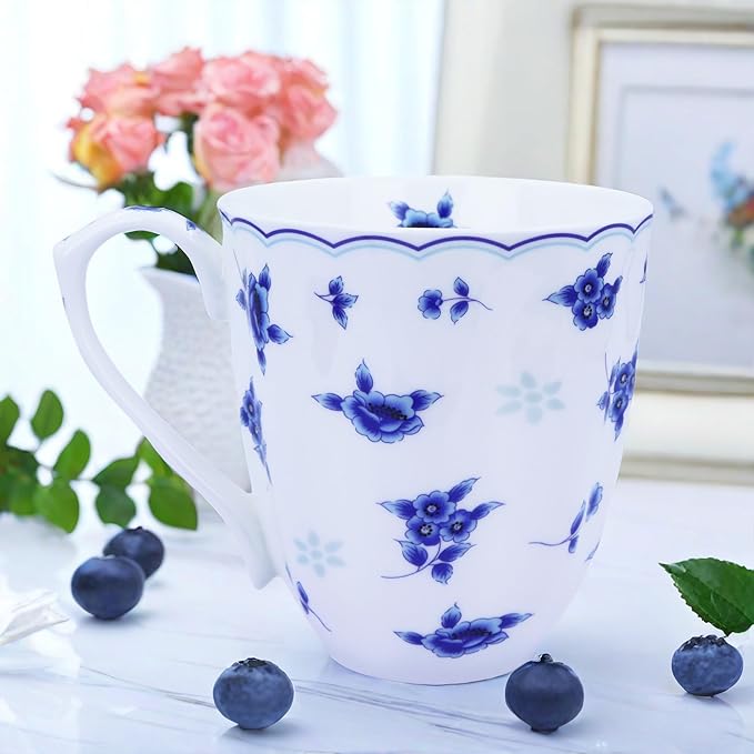 14oz Bone China Coffee Mug Floral Bone Mug Cute Coffee Mug Teacup for Women Mom Friend (blue floral)