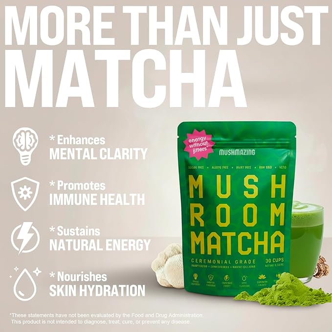 Mushroom Matcha + Lion’s Mane, Ashwagandha, Collagen - Focus, Energy & Immune Support - 30 Servings of Adaptogen Superfood Blend for All Day Coffee Alternative
