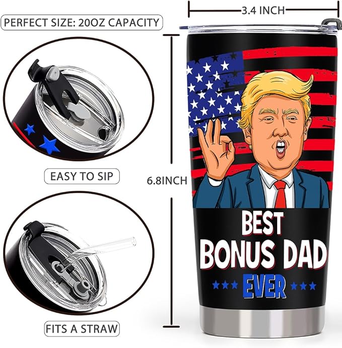 Best Bonus Dad Christmas Gift from Daughter Son Kids - Funny Birthday Gifts for Bonus Step Dad Stepdad, 20 OZ Stainless Steel Insulated Travel Coffee Tumbler Cup