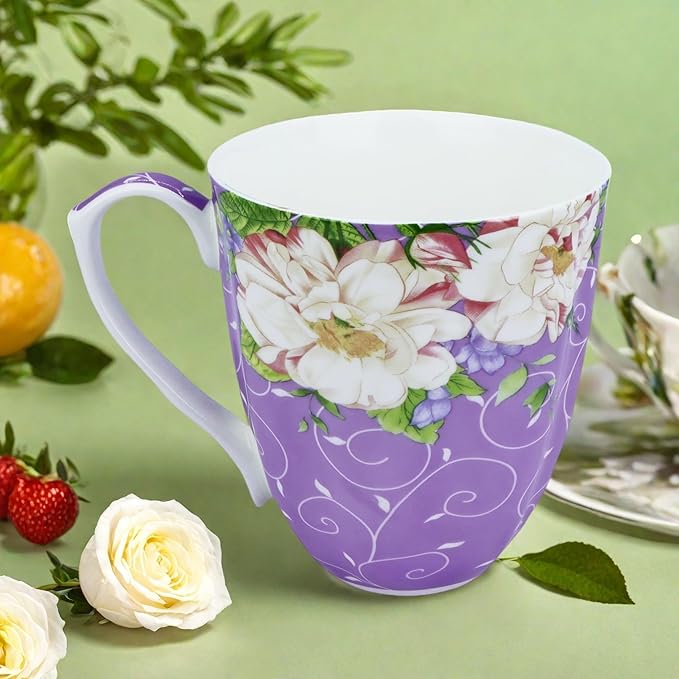 14oz Bone China Coffee Mug Floral Bone Mug Cute Coffee Mugs Teacup for Women Mom Friend (Romantic Purple)