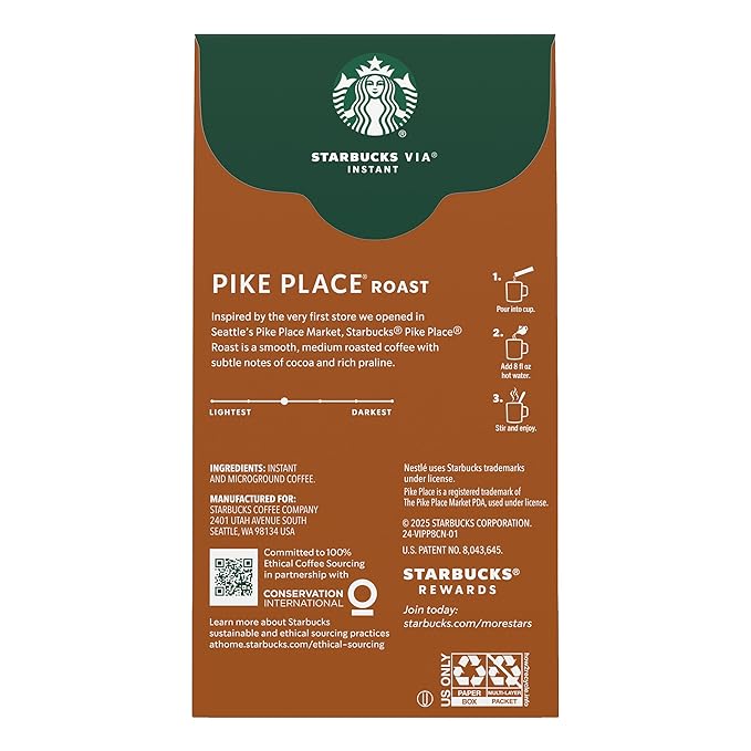 Starbucks VIA Instant Coffee, Medium Roast Coffee, Pike Place Roast, 100% Arabica, 12 boxes (96 packets total)