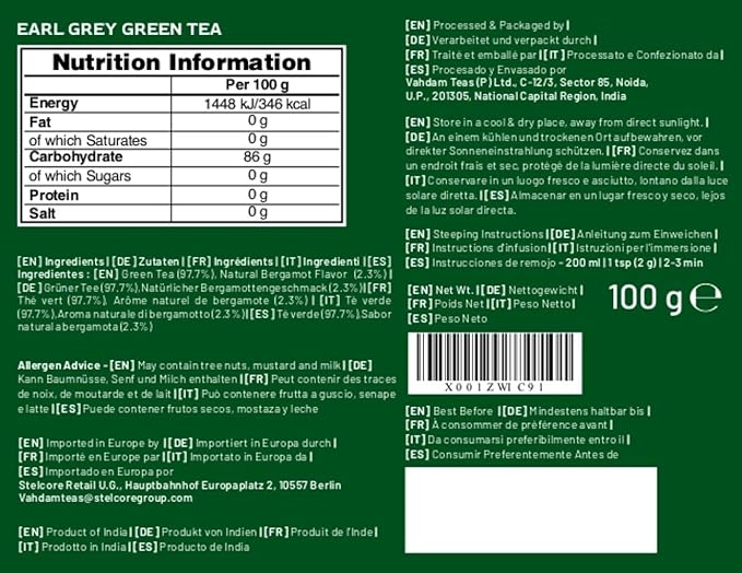VAHDAM, Earl Grey Citrus Green Tea Loose Leaf (50+ Cups, 3.5 oz) Loose Leaf Earl Grey Green Tea With Pure Bergamot Oil | High Elevation Grown | Vacuum Sealed for Freshness