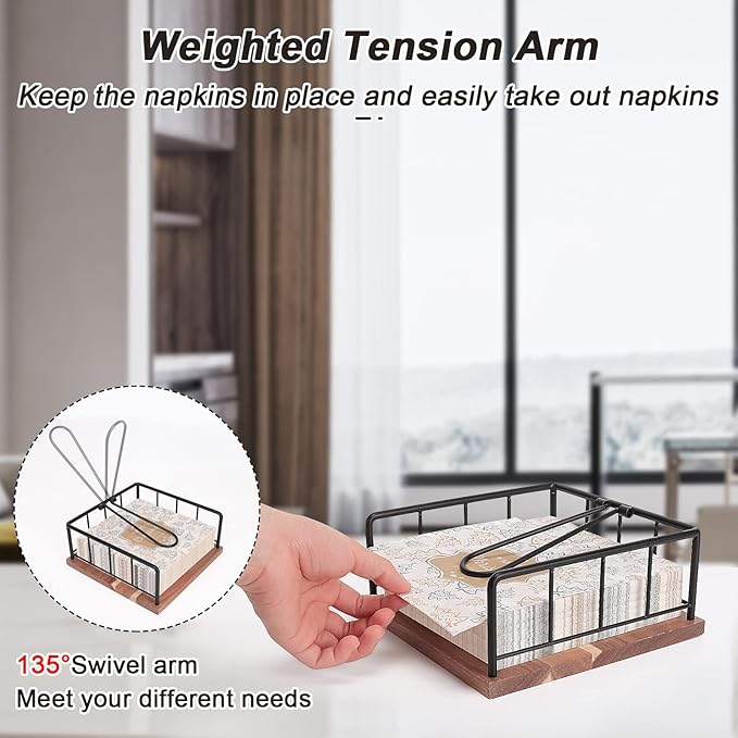 Livabber Flat Napkin Holder, Metal Kitchen Napkin Storage with Weighted Tension Arm Rustic Tissue Paper Dispenser for Countertop, Table Kitchen, Dining Room (With Wooden Base, Black)