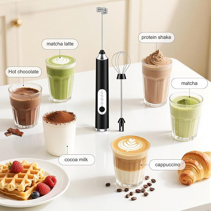 BEoffer Milk Frother Handheld Rechargeable 2000mAH Power Frother Wand Electric Foam Maker with 2 Stainless Whisks 3 Speeds Drink Mixer Coffee Frother for Latte, Cappuccino, Matcha (01 Black)