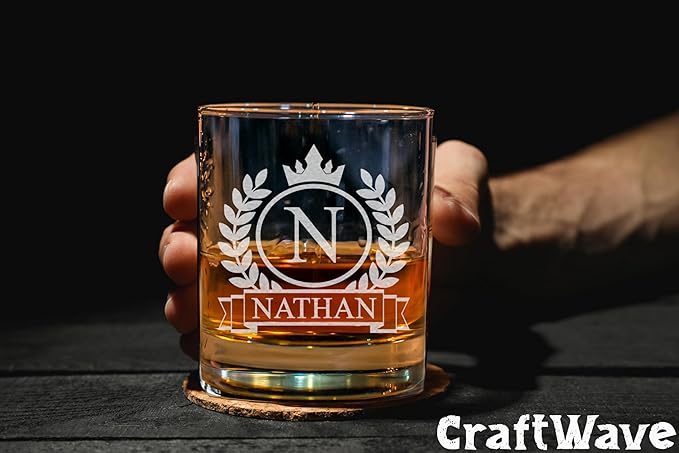 Personalized Whiskey Glass for Men, Custom Engraved Name & Initial Rocks Glasses, 11oz, Barware for Men, Father’s Day Gifts - Set of 4