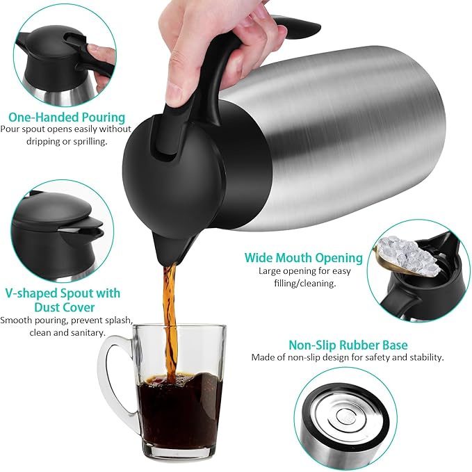 68OZ Thermal Coffee Carafes for Keeping Hot, 2 Liter Stainless Steel Thermal Carafe, Double Wall Vacuum Insulated Pitcher Tea Pot for Coffee Tea Keep Hot 12 Hours, Silver