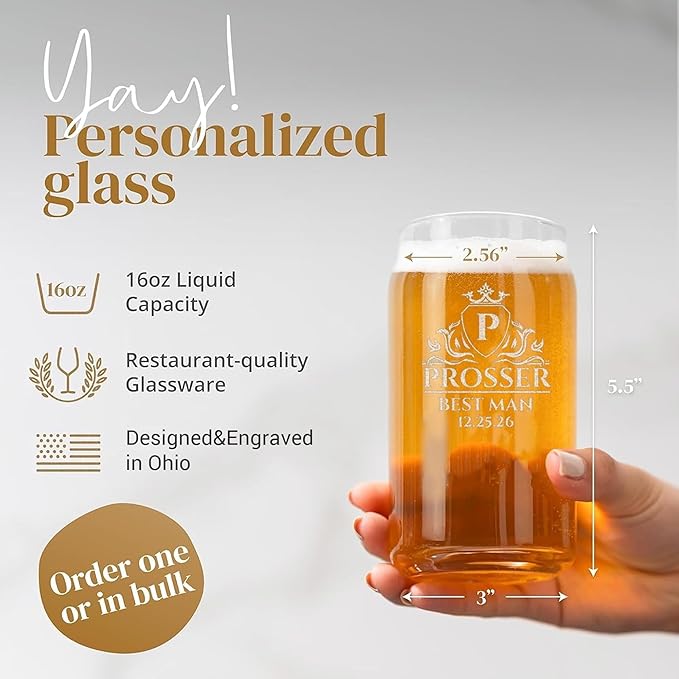 Personalized Groomsmen Gift, 16oz Beer Can Glasses - Best Man Beer Glasses, Custom Drinkware with Etched Name, Engraved Gifts for Wedding Favors, Best Man Proposal Gifts, Bachelor Party