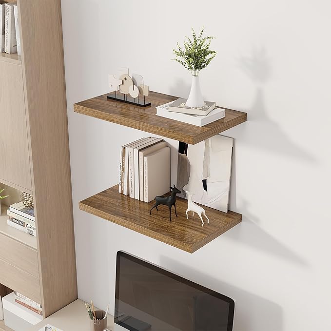 Dreamland 24" Floating Shelves for Wall, 12" Deep Slim Walnut Floating Shelves, Wall-Mounted Shelves for Bedroom, Living Room, Kitchen, Bathroom - Set of 2