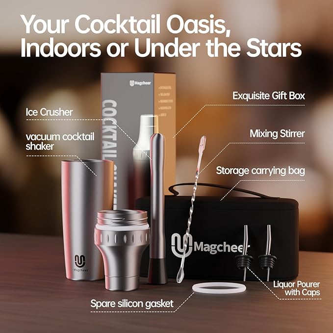 Hybrid Cocktail Shaker Set | Vacuum Insulated Stainless Steel Martini Shaker with Strainer & Jigger Lid | Travel cocktail kit with Bartender Accessory Tools | 30oz | Silver