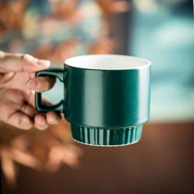 Stackable Coffee Mugs Set of 4 with Holder Spoons 11oz Ceramic Cappuccino Cups for Espresso Latte Tea Drinks, Dishwasher & Microwave Safe, Green