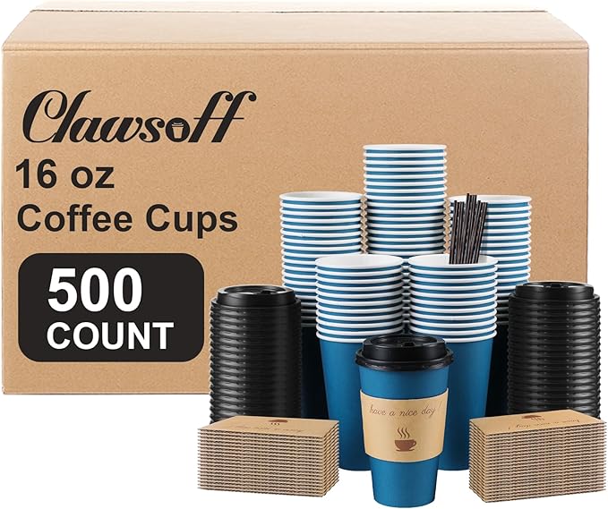 500 pack 16 oz Coffee Cups with Lids, Disposable To Go Paper Coffee Cups with Sleeves and Stirring Sticks for Hot/Cold Drinks Office Home Shop Event