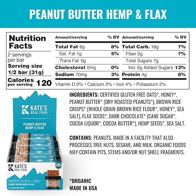 Kate’s Real Food Organic Energy Bars, Non-GMO, All-Natural Ingredients, Gluten-Free and Soy-Free Healthy Snack with Natural Flavors, Peanut Butter Hemp and Flax (Pack of 6)