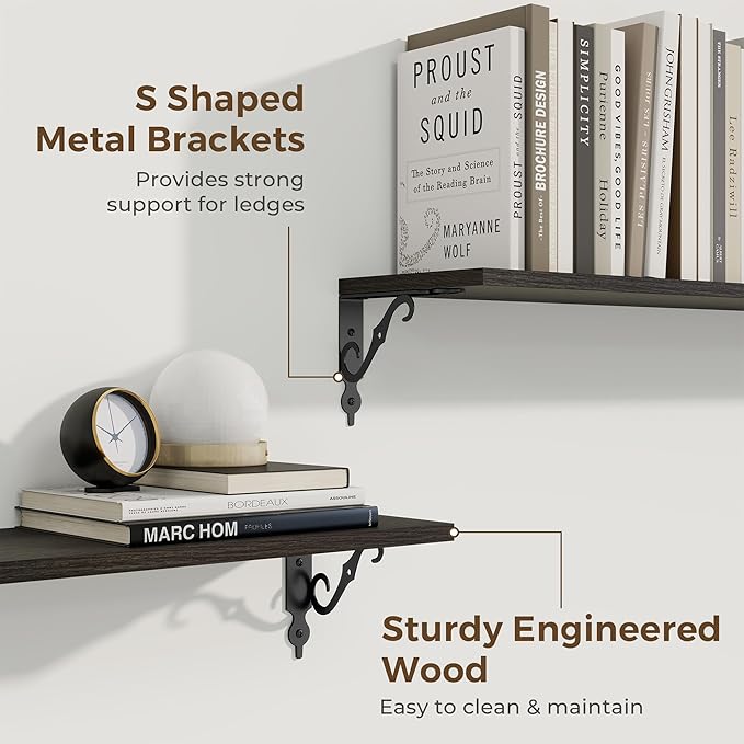 RICHFOCUS Floating Shelves for Wall Decor, 24Inch Shelves Set of 2, 24W x 8D Black Floating Shelves Wall Mounted with Metal Brackets, Rustic Wood Shelves for Living Room Bedroom Kitchen