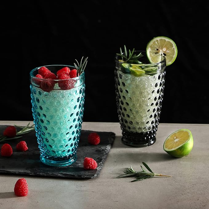 G Light Blue Hobnail Drinking Glasses 13 oz 6 Set, Premium Hobnail Highball Glasses,Vintage Glassware For Soda,Juice,Milk,Coke, Beer,Spirits In Dinner Parties, Stackable, Dishwasher Safe For Daily Use