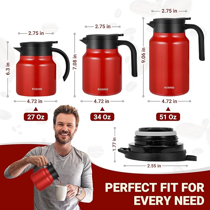 27Oz Thermal Coffee Carafes For Keeping Hot/Cold, Stainless Steel Coffee Carafe, Dustproof Insulated Water Carafe for Party/Home,Red