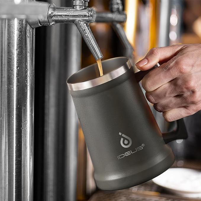 Ideus Insulated Beer Stein, 24/32oz Stainless Steel Double Walled Beer Mug Giant Bar Drinkware Metal Beer Cup with Big Grip Handle (Grey, 34oz (1,000ml))